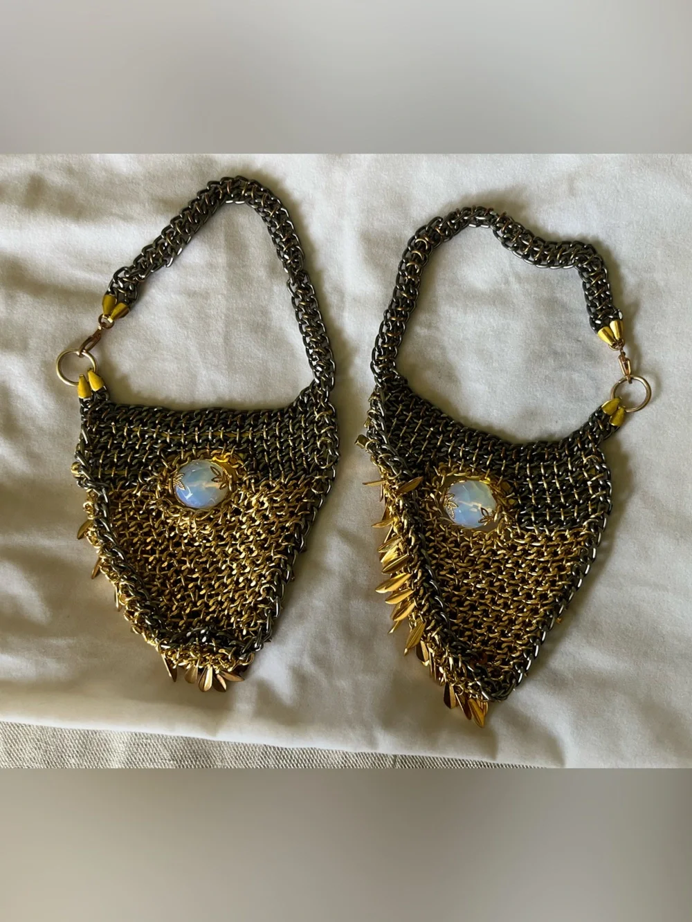 Gold-Tone Beaded Statement Ankle Bracelet Pair with Opalescent Stones